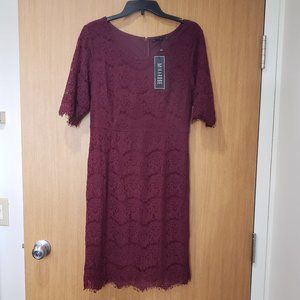 MIKAROSE, NWT burgundy modest short sleeve lace overlay pencil dress, XL